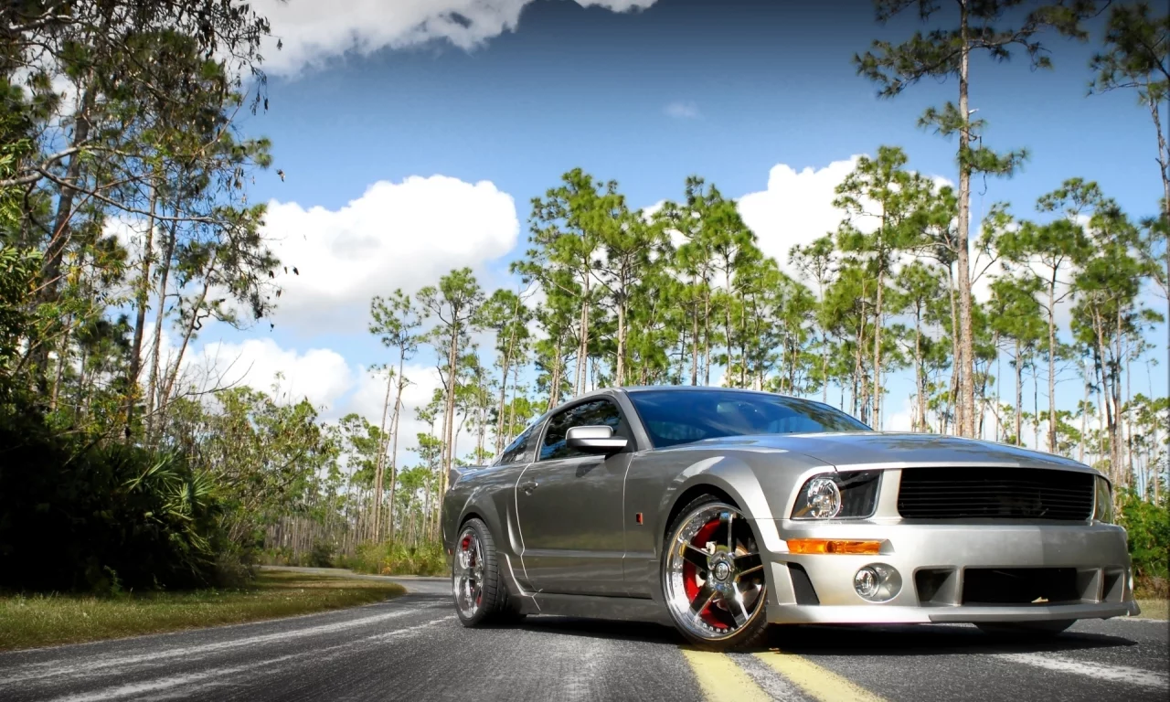 диски, небо, мустанг, серый, ford, mustang, форд, облака, деревья, дорога