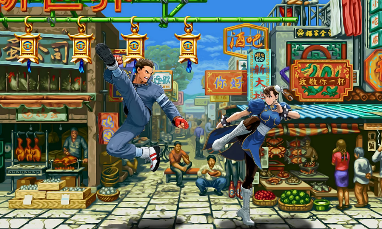 street fighter, китай, рынок, chun li, драка, фонарики, зеваки, улица