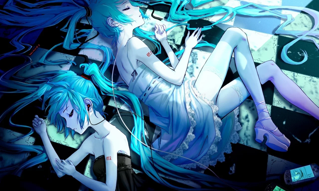 hatsune miku, наушники, вокалоид, волосы, чулки