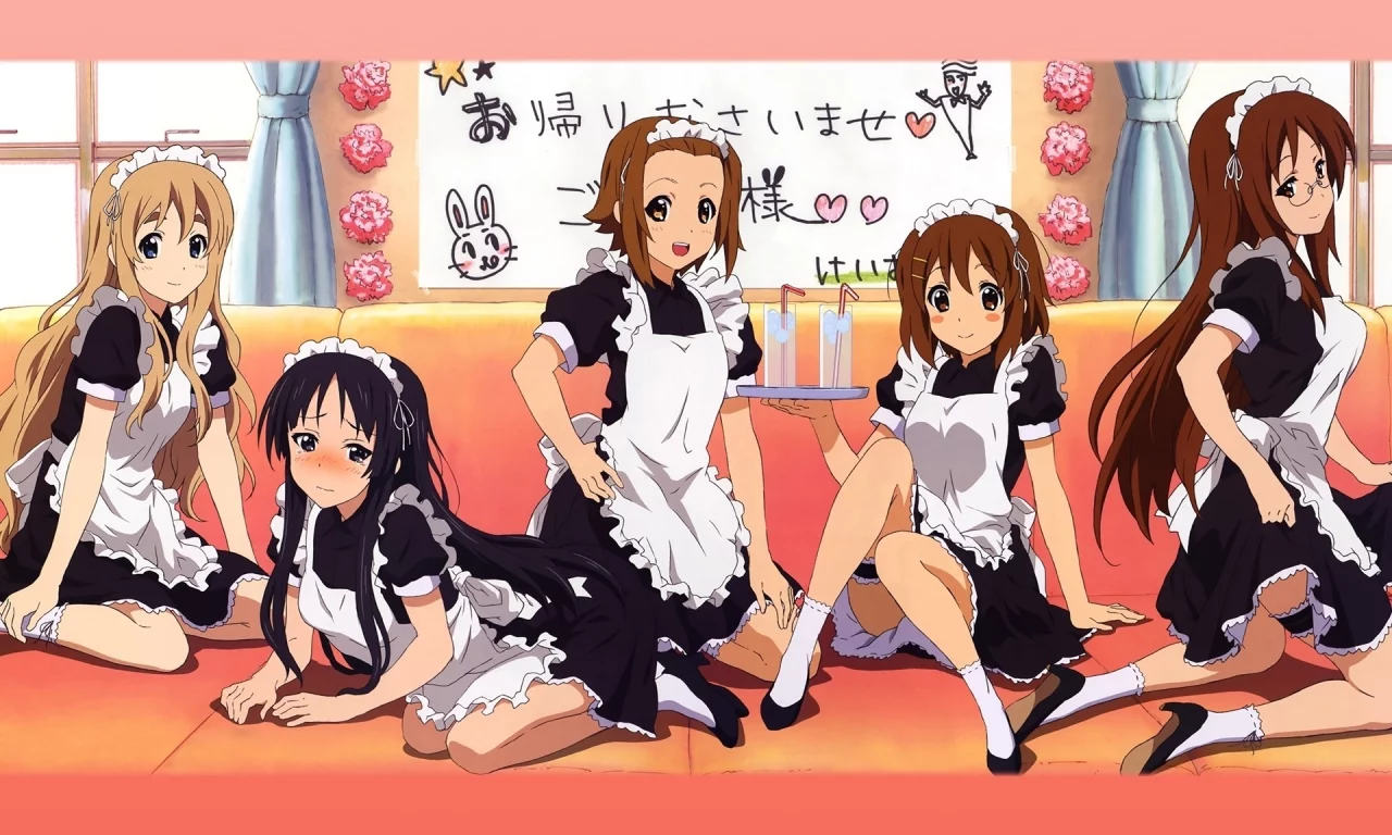 девушки, диван, k-on, горничные, напиток