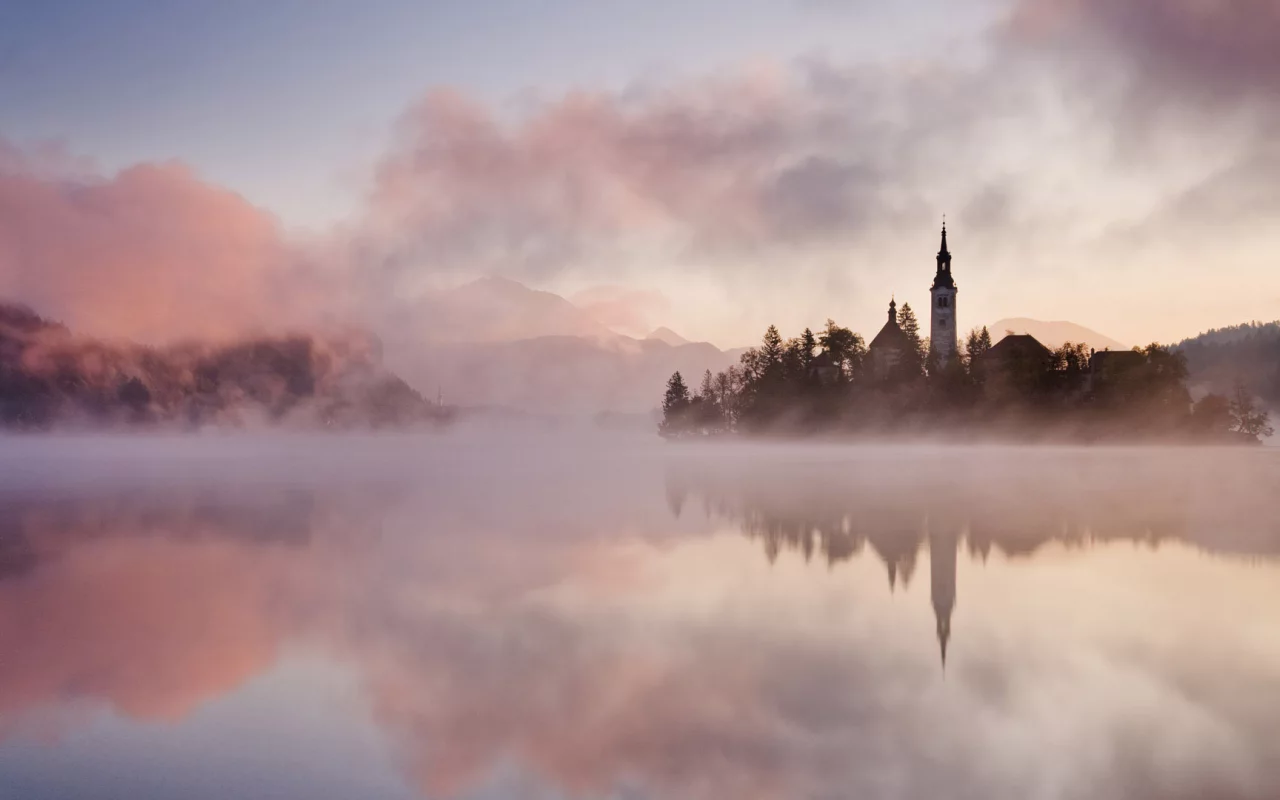 остров, деревья, река, landscape beautiful, туман
