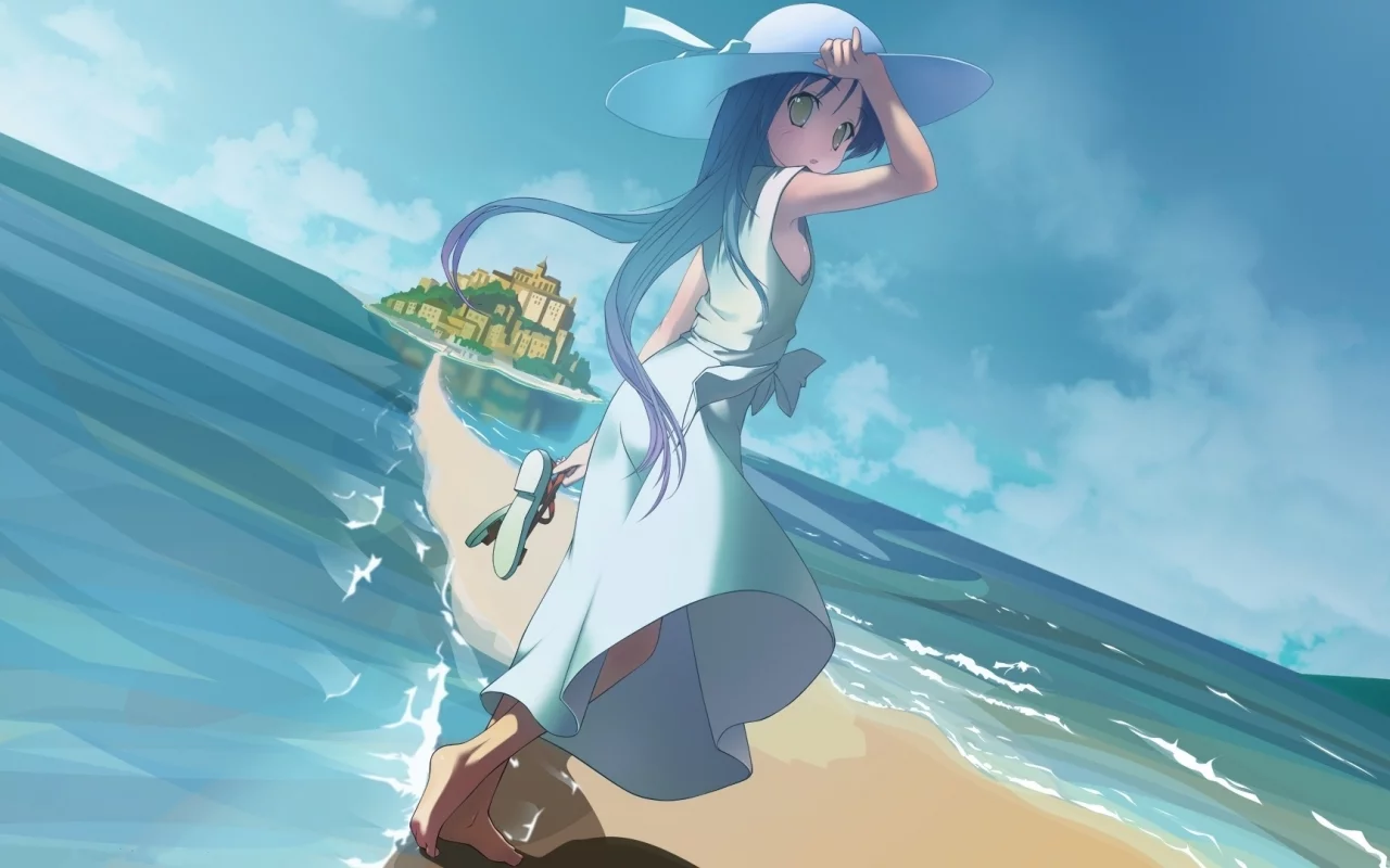 anime, пляж, город, шляпа, рисунок, горизонт, art, девочка, море, сандали, аниме