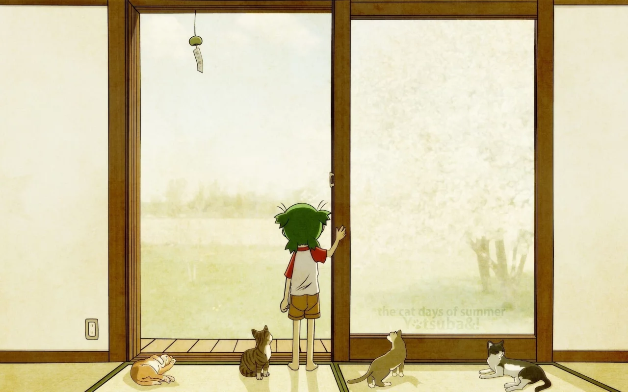 the cat days of summer, ребенок, кошки, yotsubato, дверь, девочка