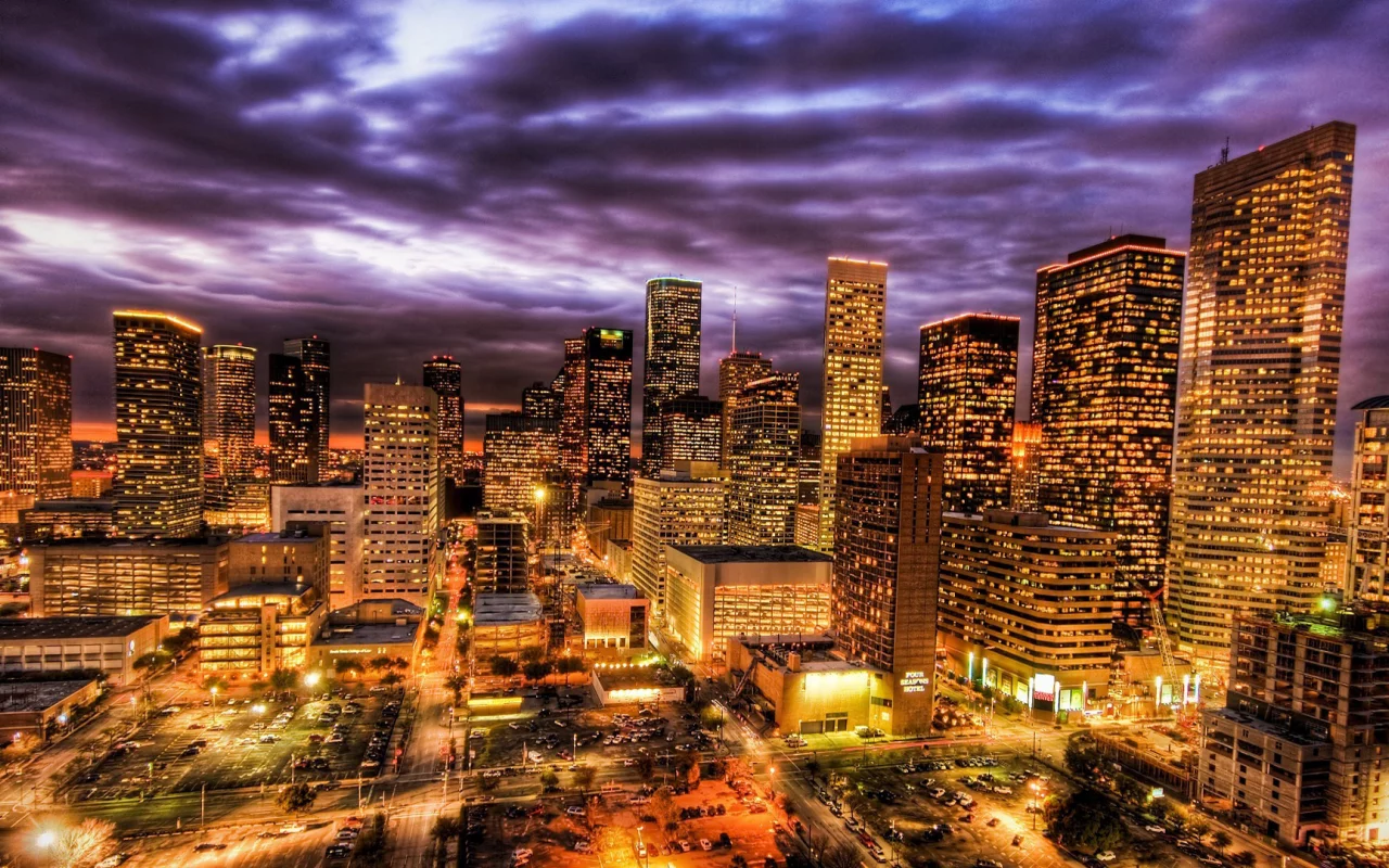 hdr, ночь, город, небоскребы, огни