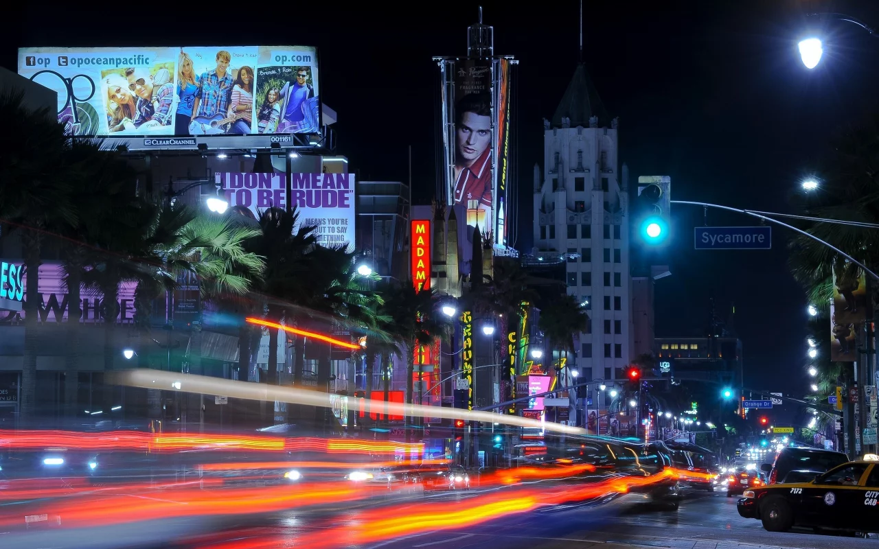 калифорния, crossing sycamore, огни, ночь, california, los angeles, la, usa