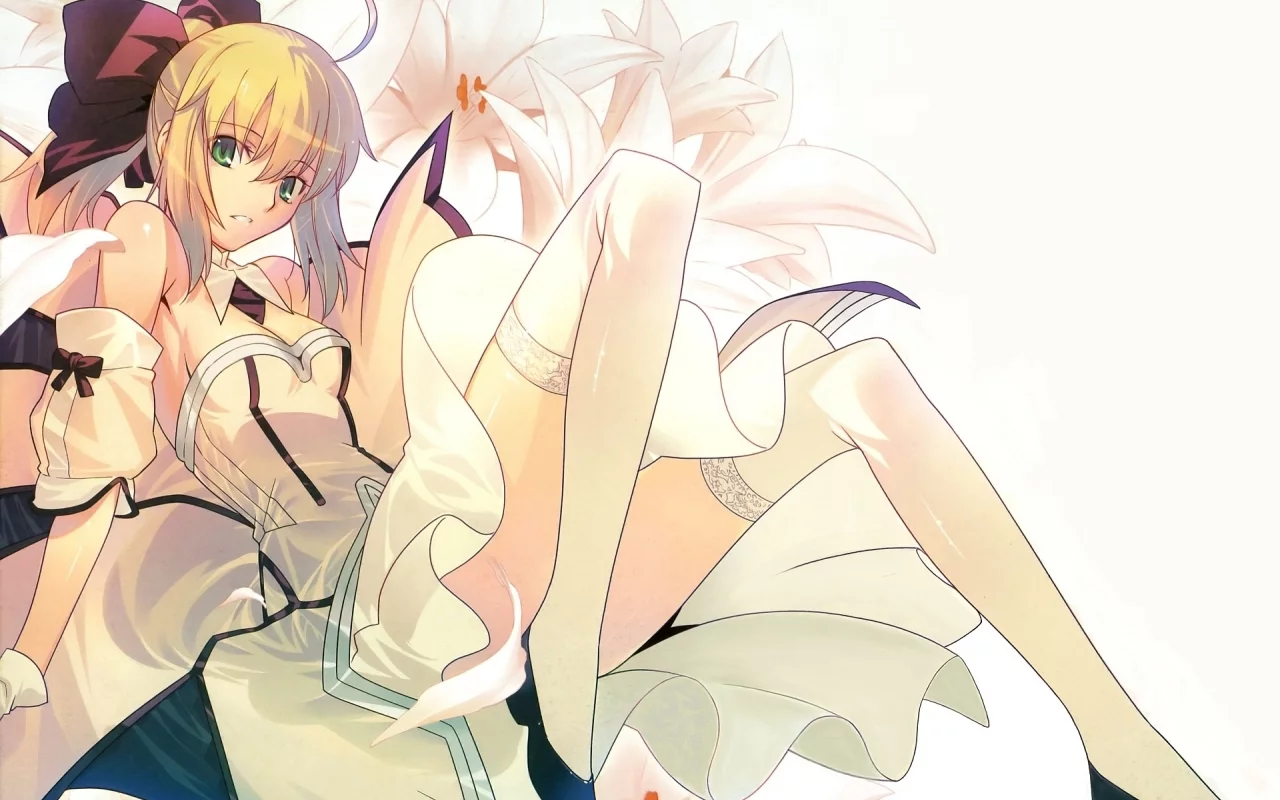 платье, лилии, fatestay night, девушка, saber, взгляд