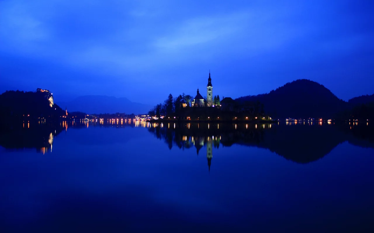 ночь, lake bled, озеро, reflection, slovenia, словения, огни