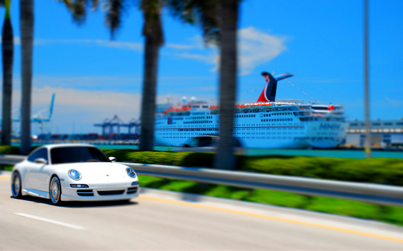 porsche, море, 911, tilt shift, река, tilt-shift, красота, дорога