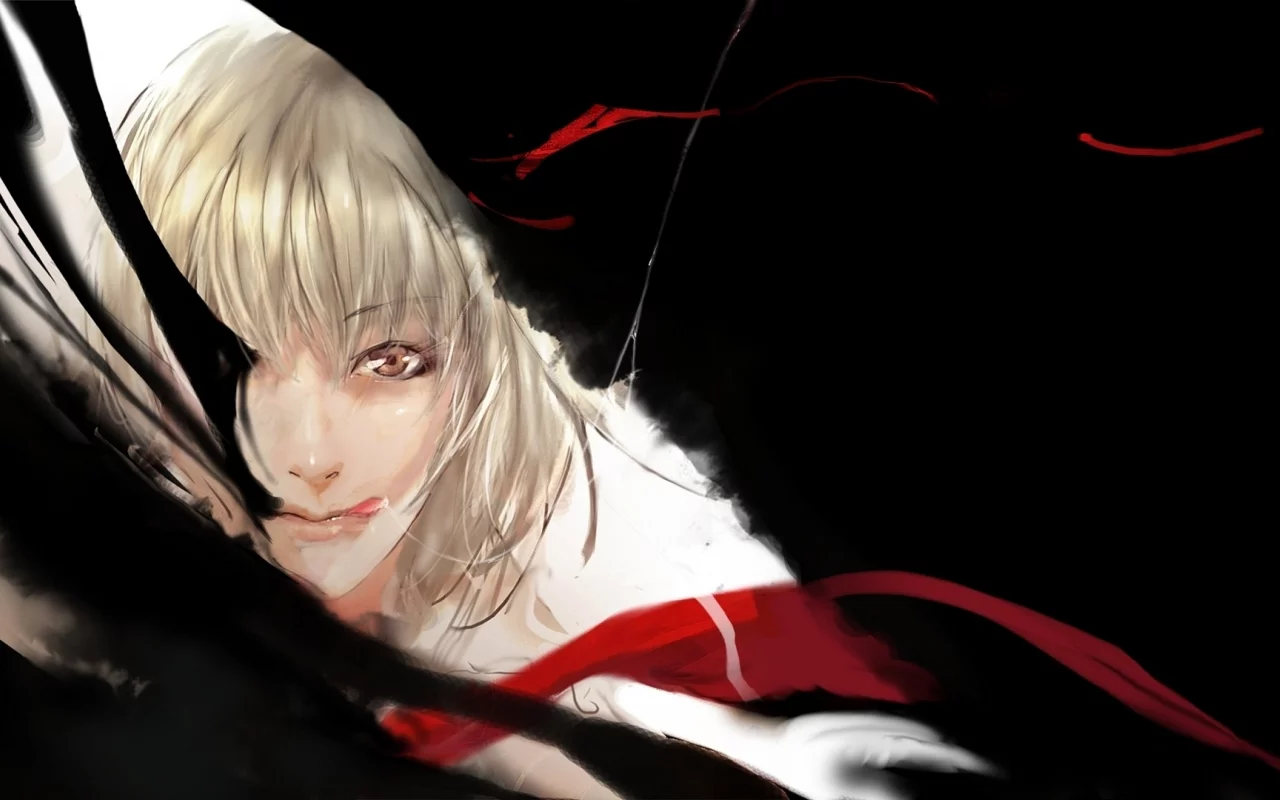 touhou, девушка, лента, rumia, рисунок, черное, язык