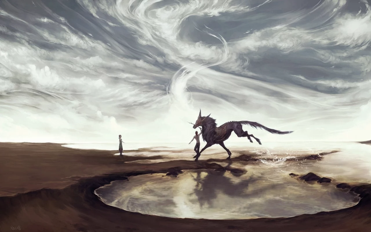 фантастика, небо, dream on distant shores, конь, вода, fantasy, арт, девушка, парень