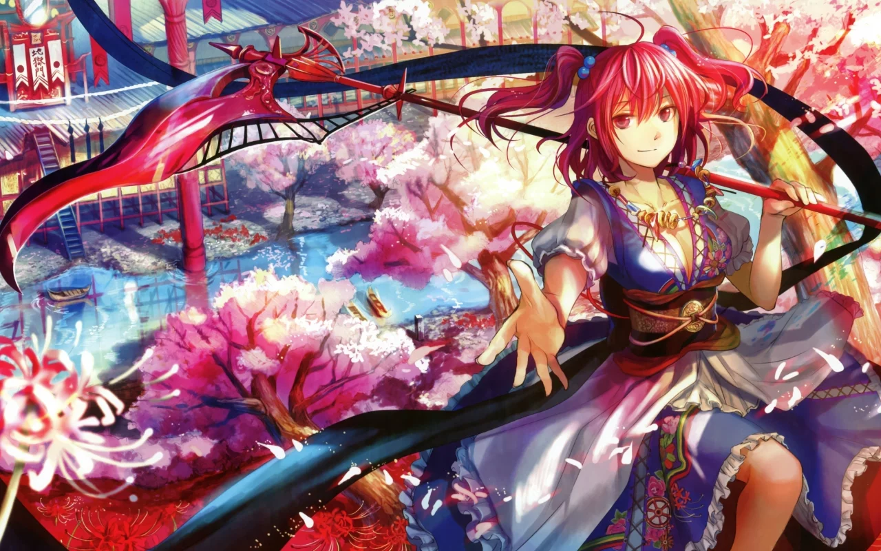 арт, fujiwara, komachi onozuka, аниме, touhou, оружие, девушка