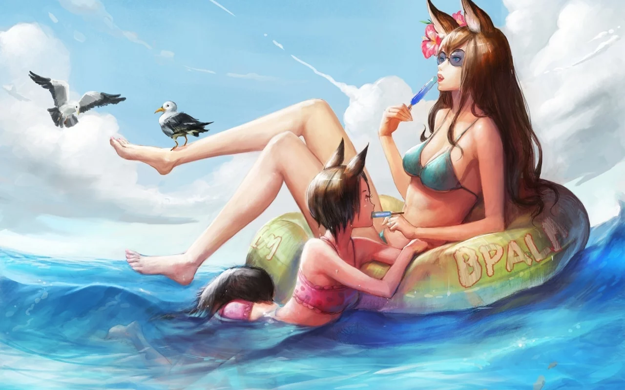 море, чайки, надувной круг, очки, readman, вода, птицы, арт, цветы, мороженное, неко, девушки
