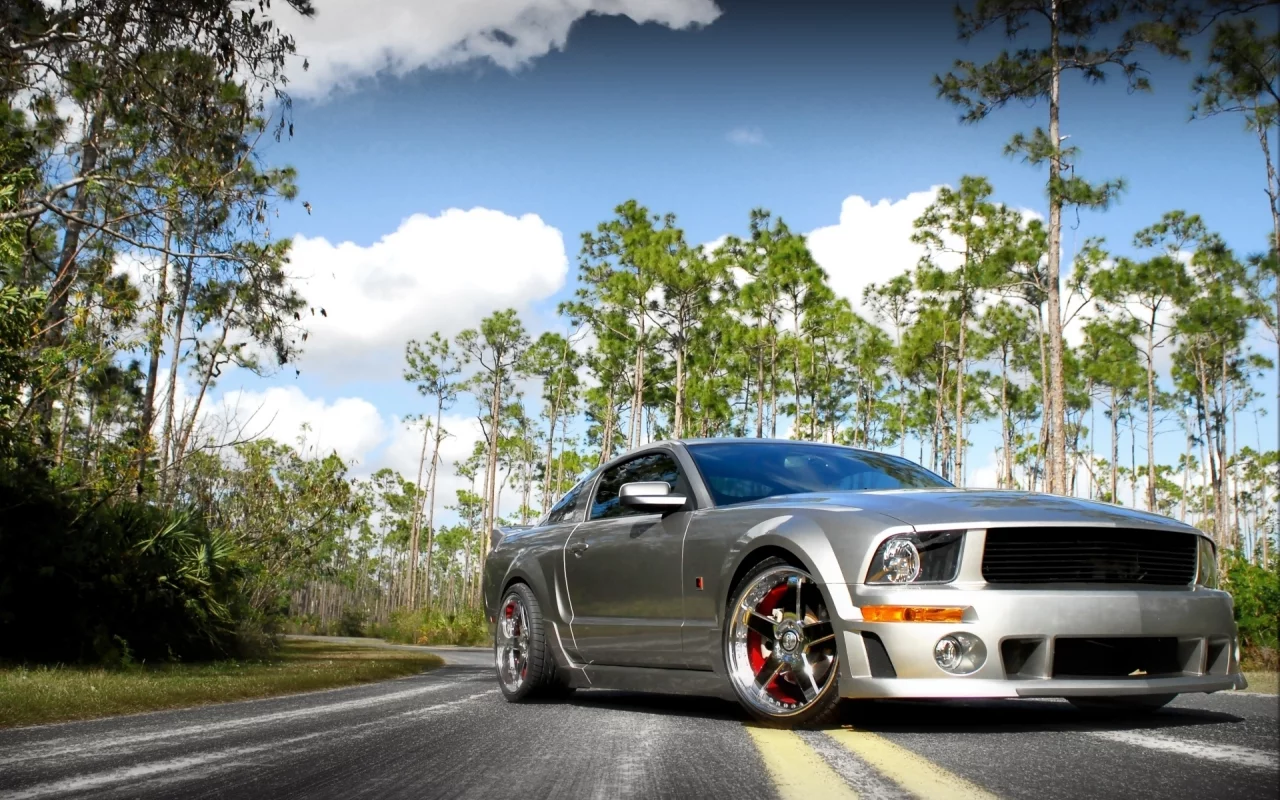 диски, небо, мустанг, серый, ford, mustang, форд, облака, деревья, дорога