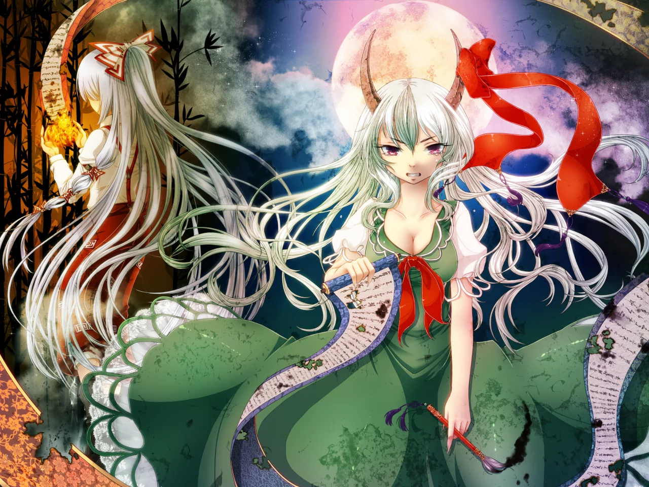 дыры, бамбук, арт, луна, огонь, touhou, geike, бант, kamishirasawa keine, кисть, свиток, девушки, слезы, рога, fujiwara no mokou