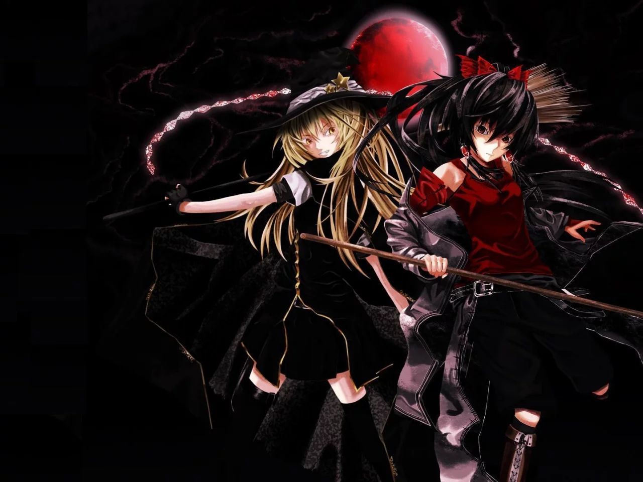 shiiku, даммаку, рэйму хакурэй, луна, мариса кирисамэ, touhou, hakurei reimu, игра, аниме, ночь, kirisame marisa