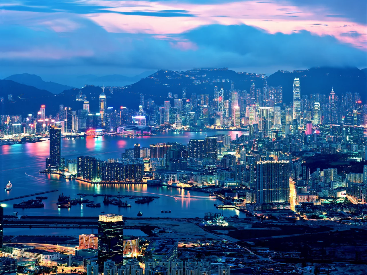 hong kong, вечер, огни