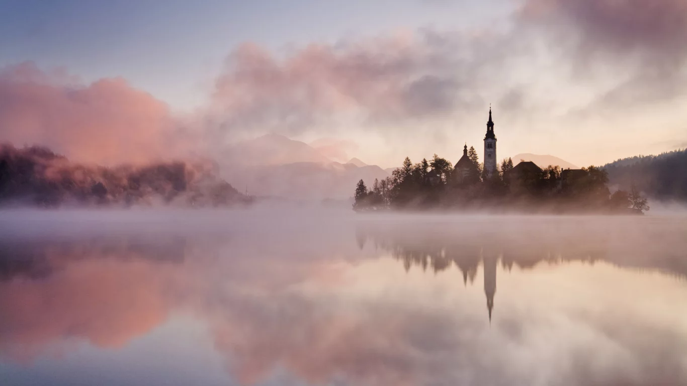 остров, деревья, река, landscape beautiful, туман