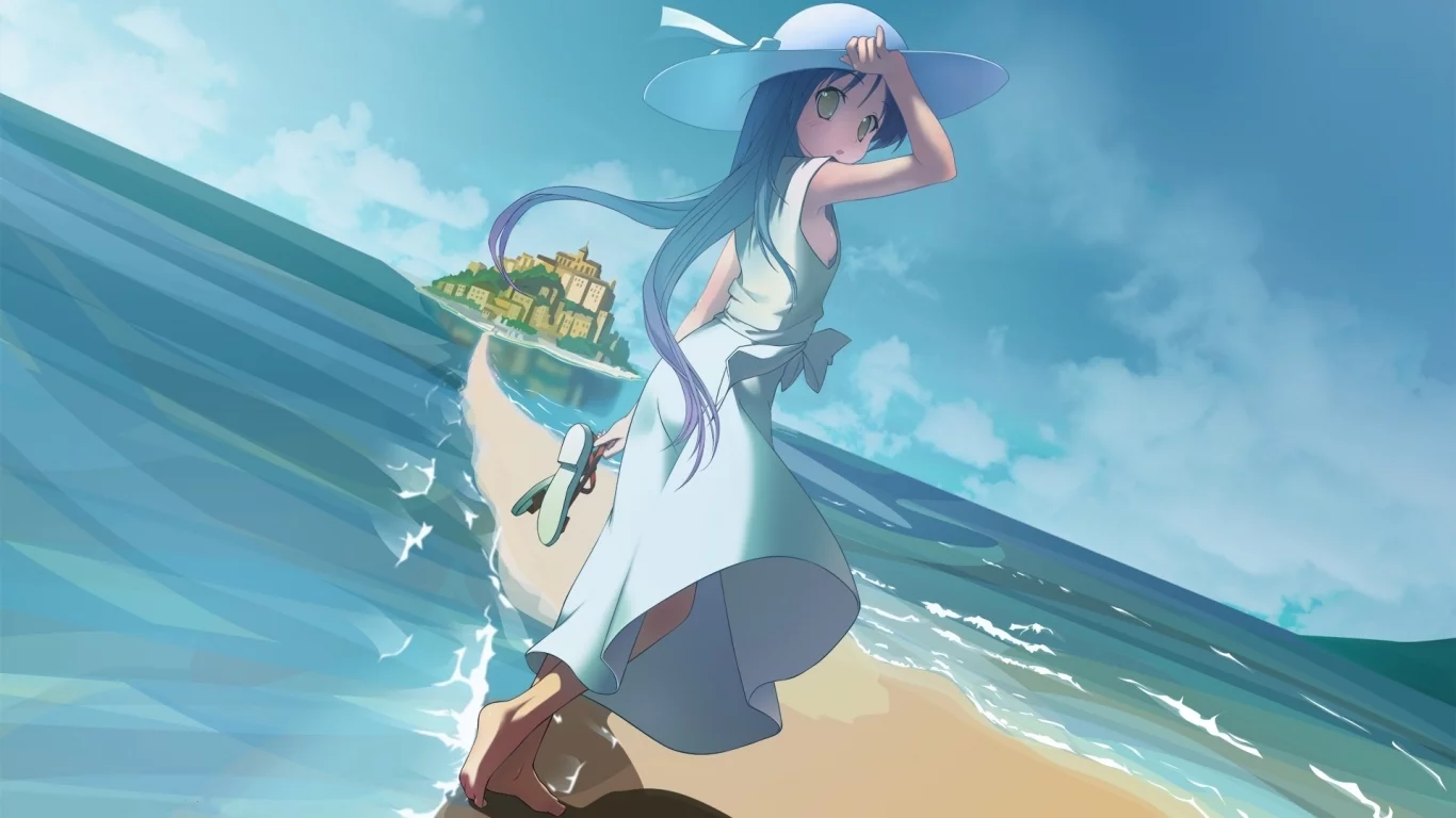 anime, пляж, город, шляпа, рисунок, горизонт, art, девочка, море, сандали, аниме