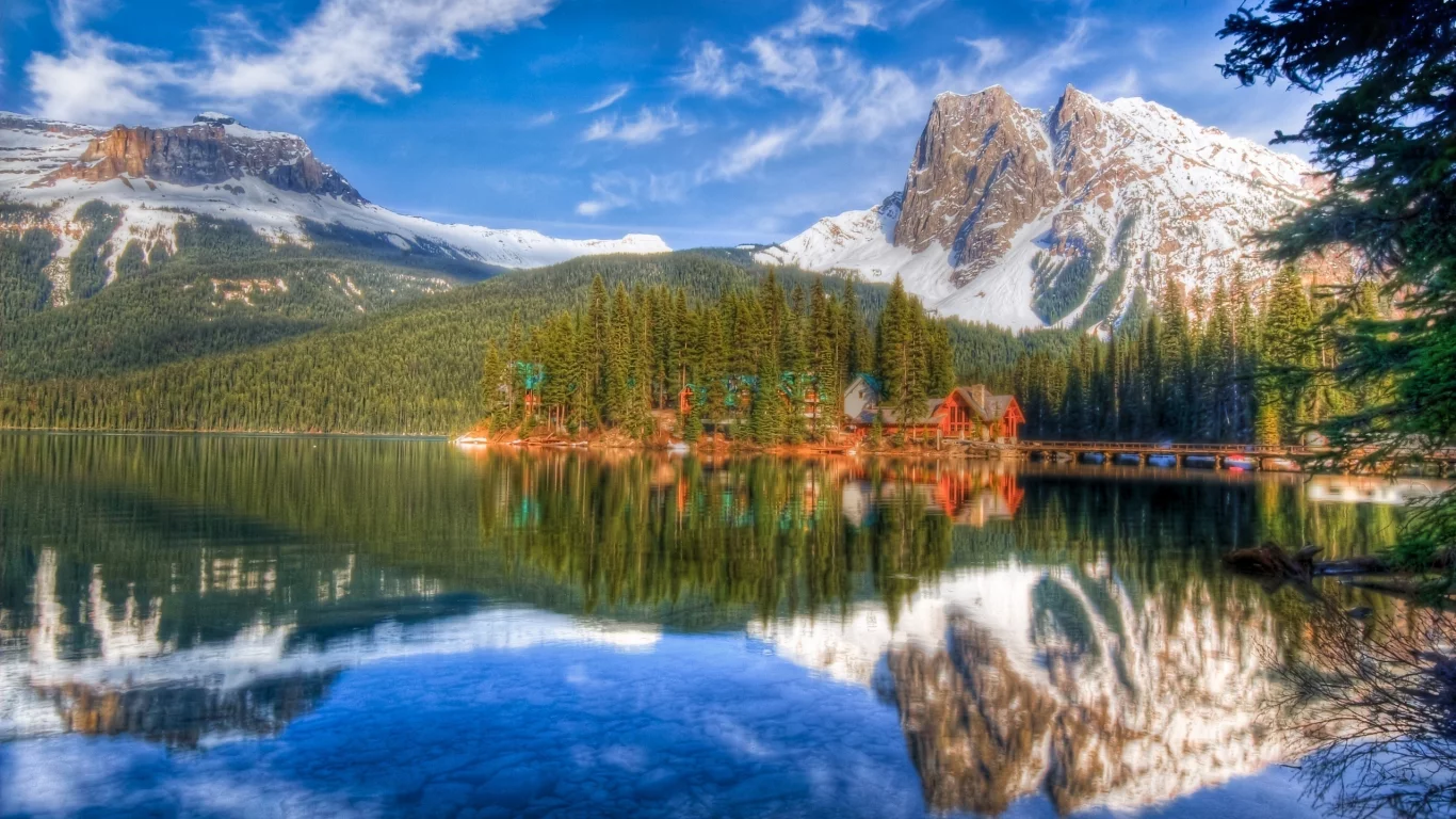 горы, природа, лес, отражение, дома, озеро