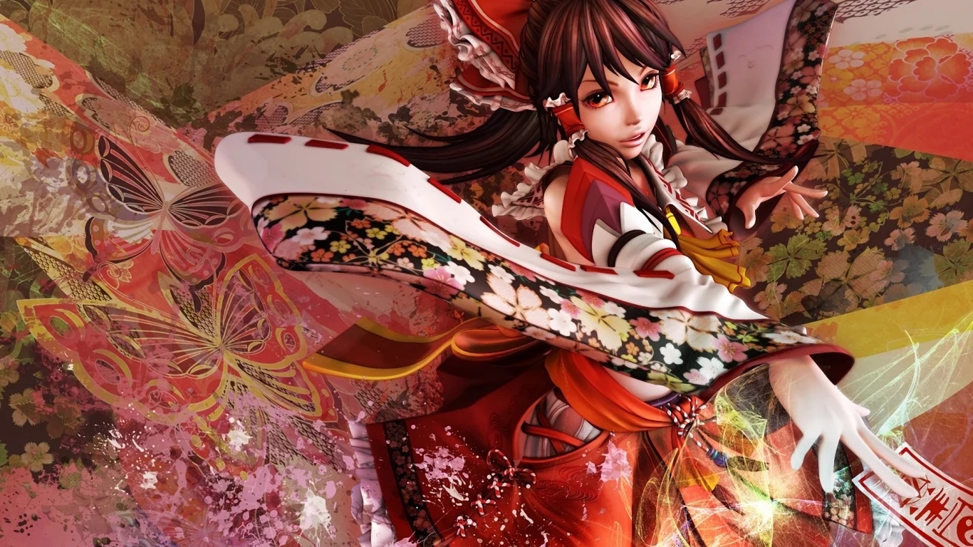 кимоно, бабочки, абстракция, девушка, карточка, бант, иероглифы, touhou