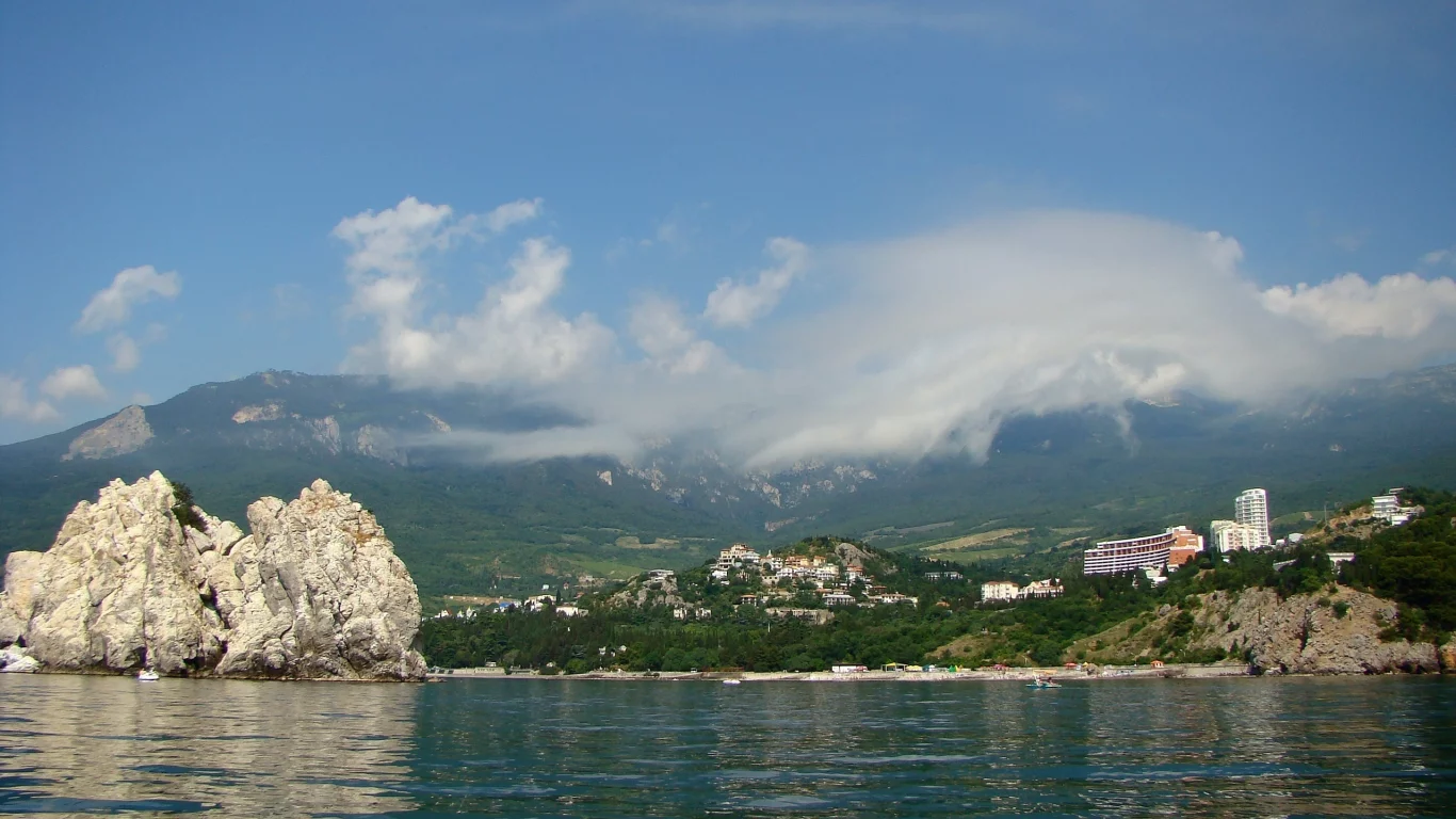 скалы, море, город, горы