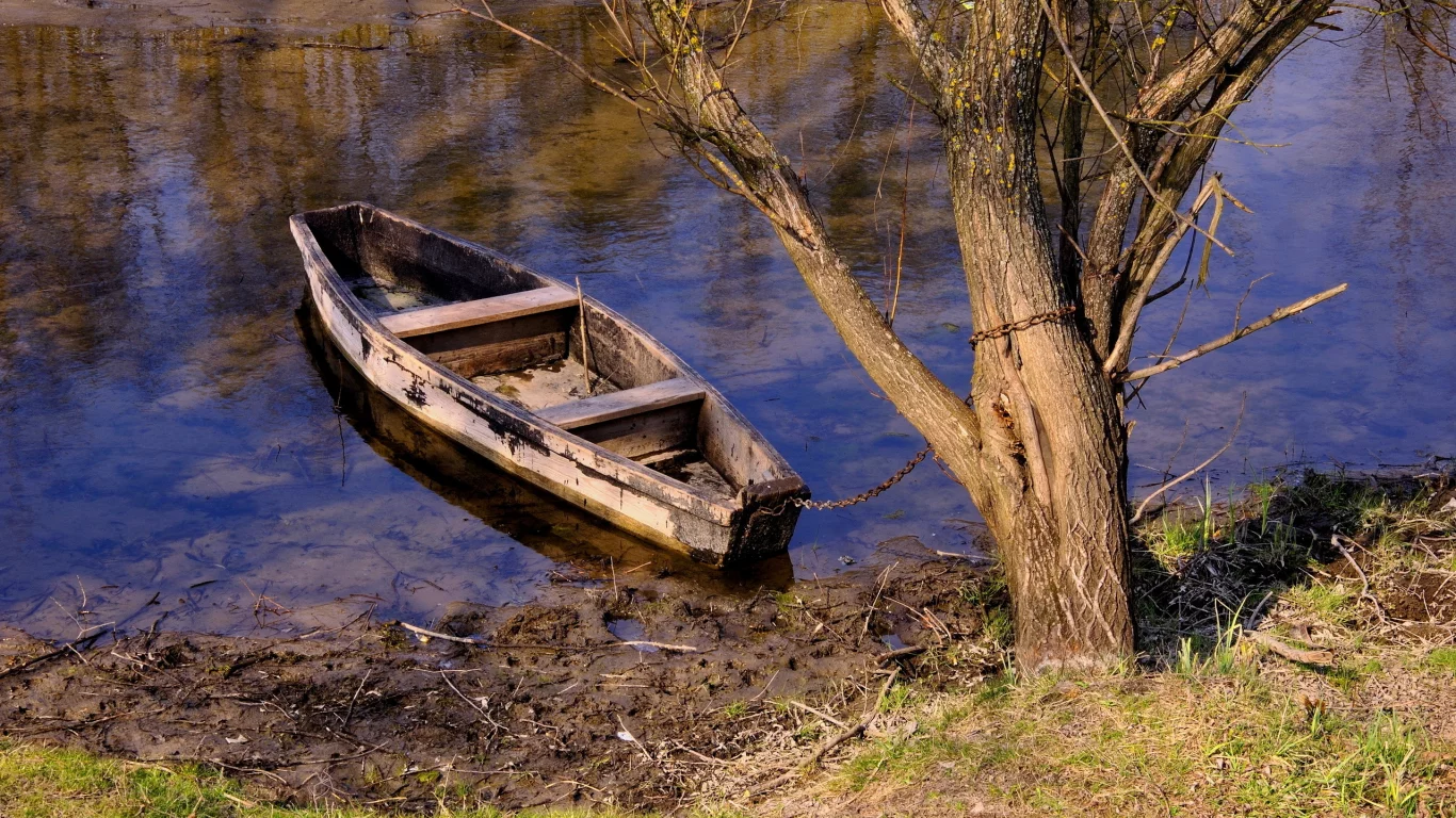 лодка, река, дерево, цепь