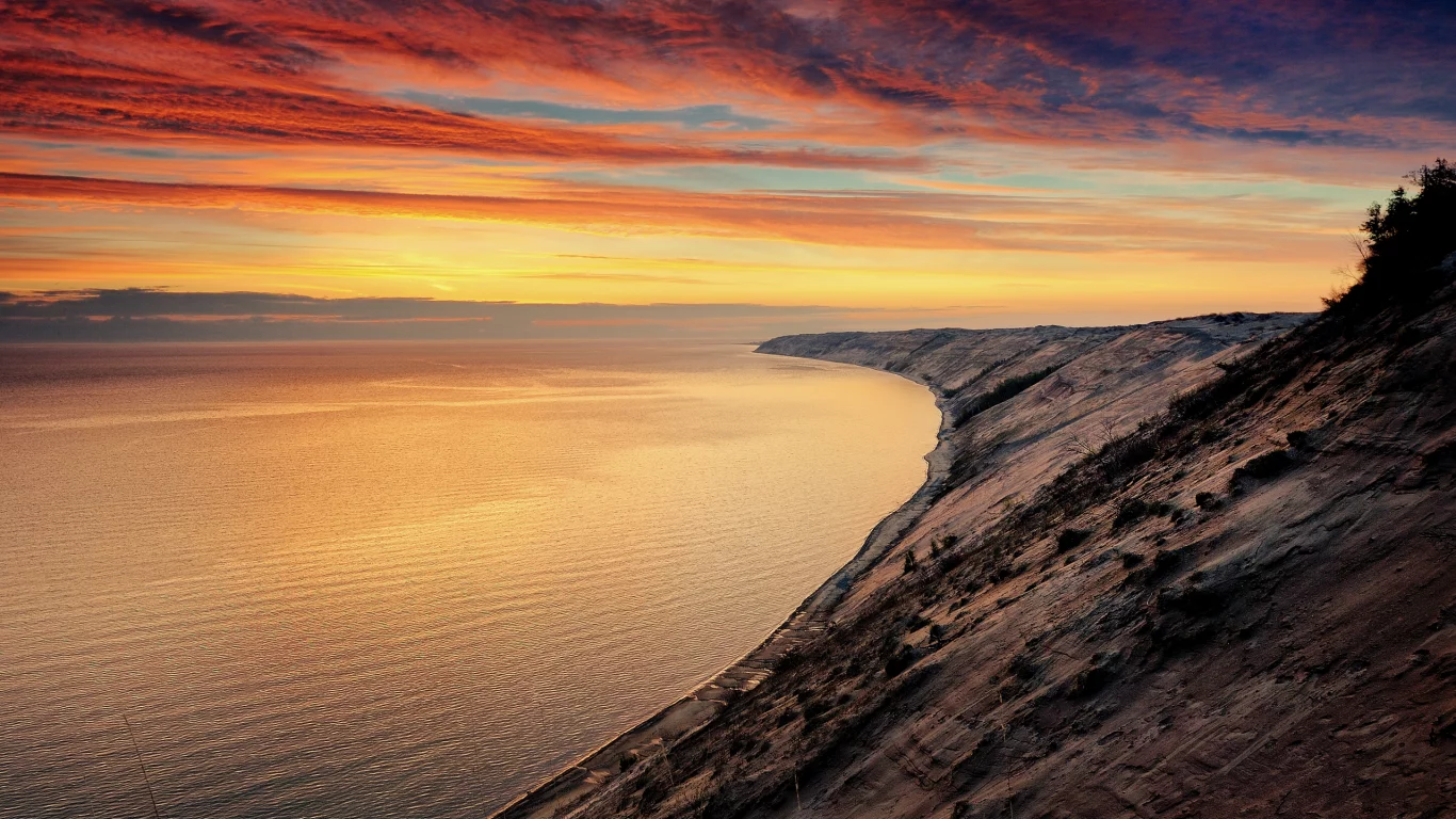 закат, гладь, склон, вода, небо