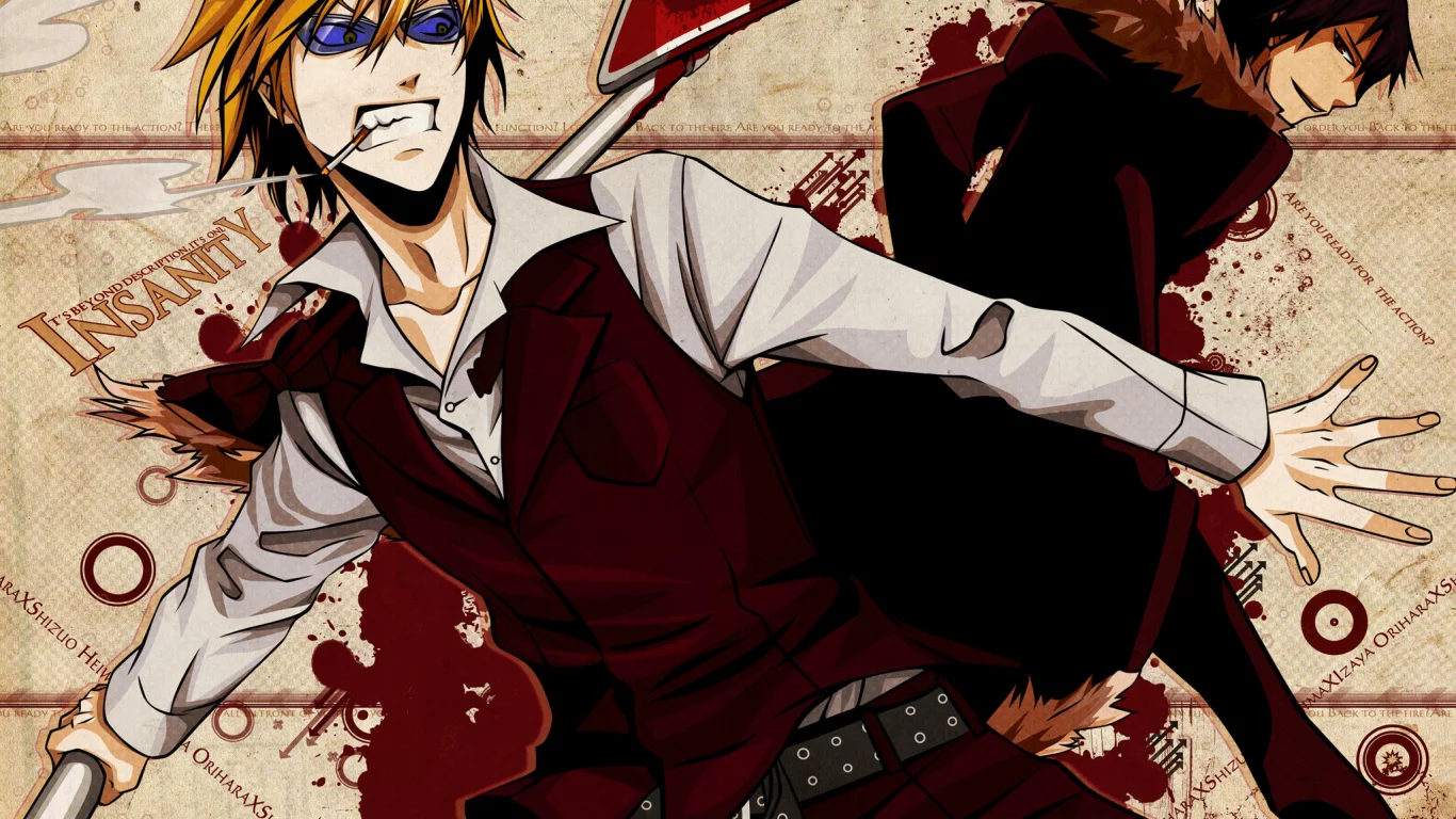 дорожный знак, ночь, сигарета, durarara, izaya orihara, очки, shizuo heiwajima