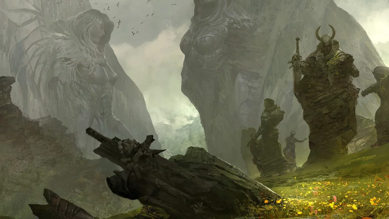 трава, воины, guild wars 2, статуи, горы