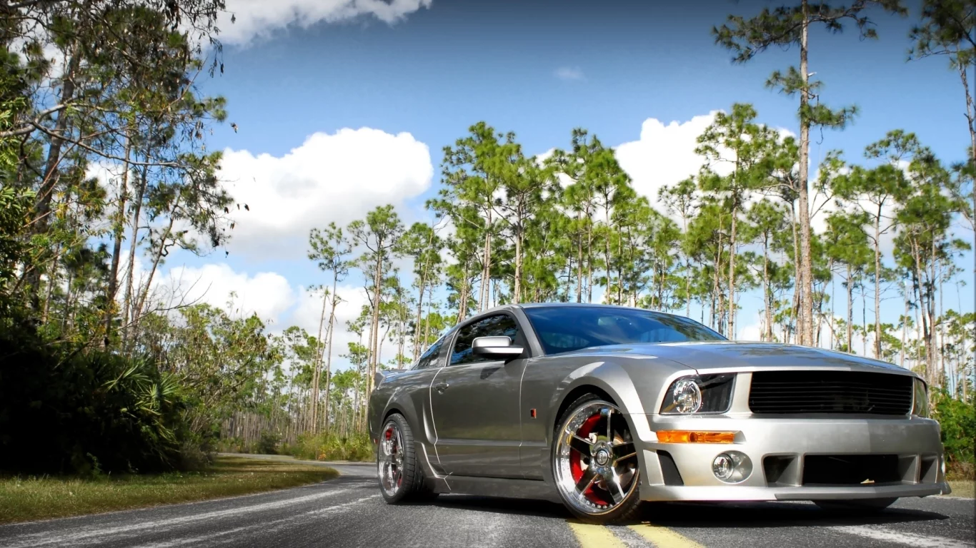 диски, небо, мустанг, серый, ford, mustang, форд, облака, деревья, дорога