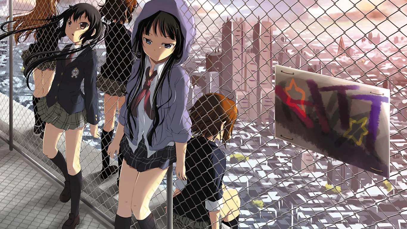 забор, крыша, группа, школьницы, k-on, небоскрёбы