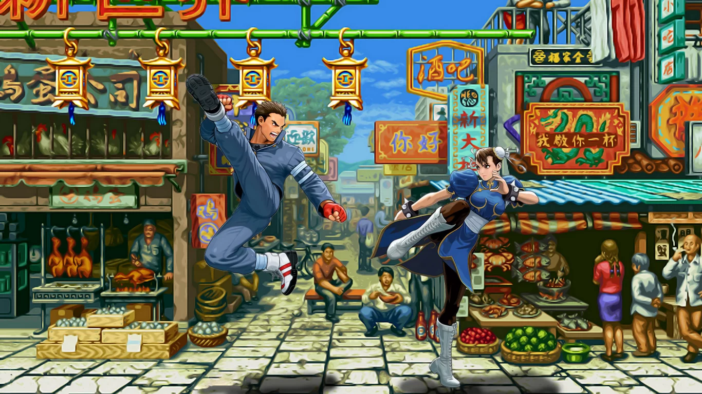 street fighter, китай, рынок, chun li, драка, фонарики, зеваки, улица