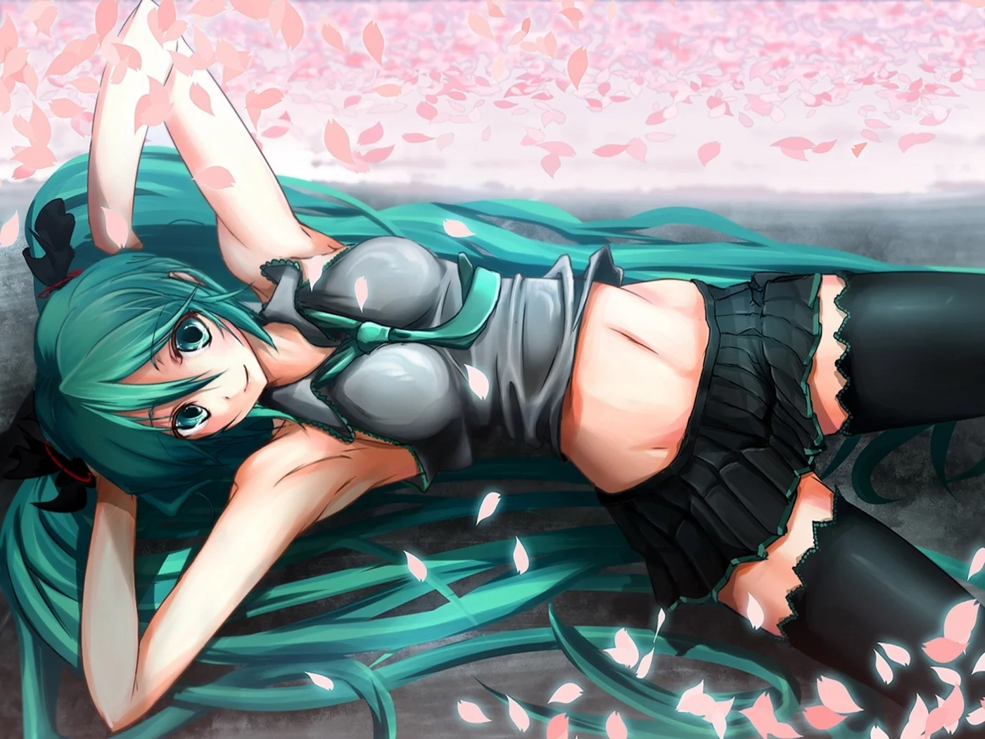 hatsune miku, лежит, девушка, вокалоид, зеленые волосы, юбка, чулки