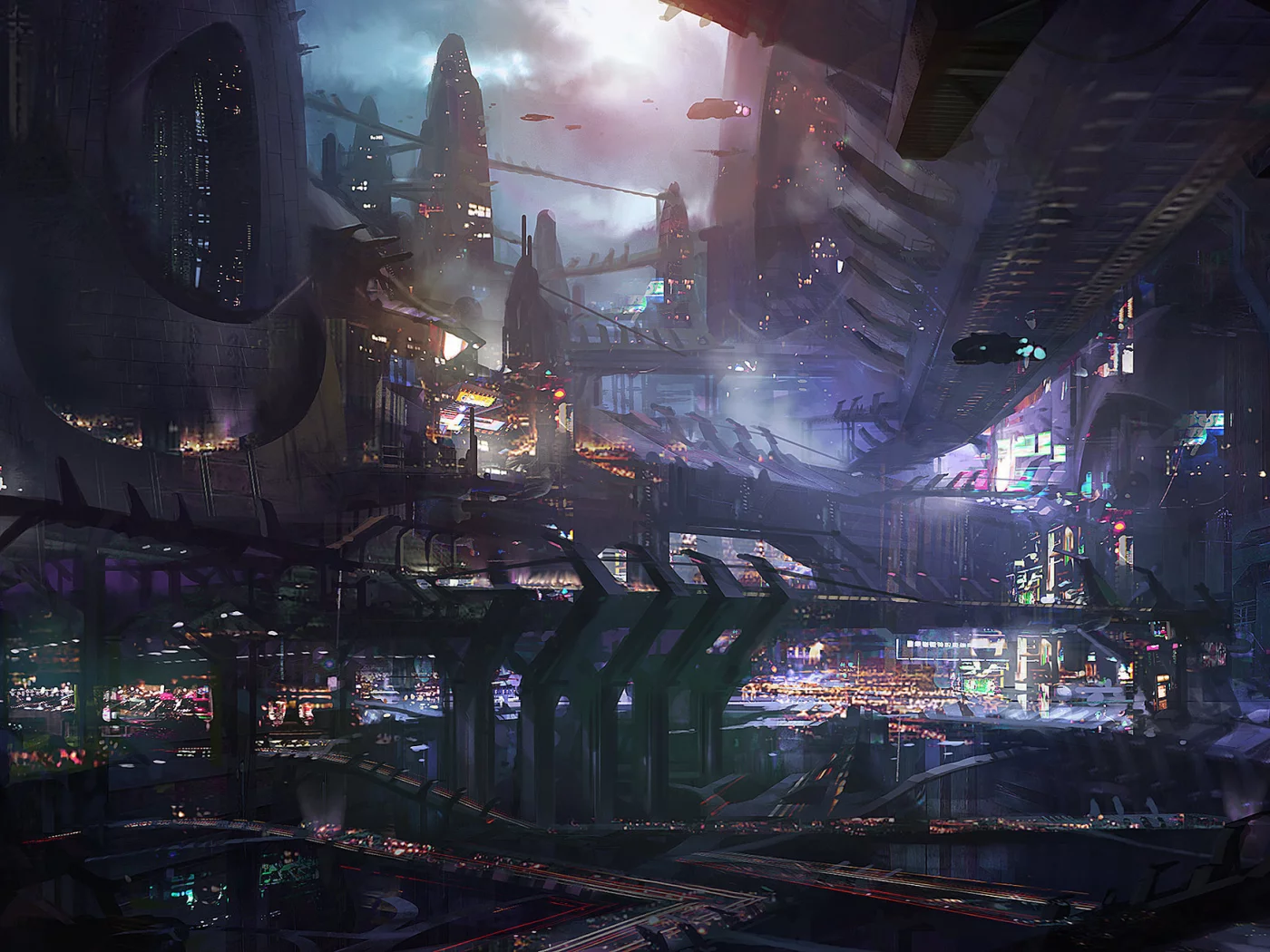 корабли, огни, concept art, транспорт, город, мегаполис, ночь, prey 2