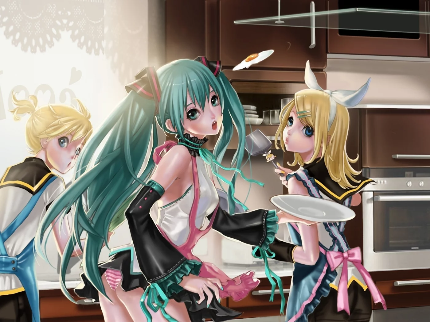 kagamine len, кухня, фартук, hatsune miku, vocaloid, готовка, kagamine rin, яичница