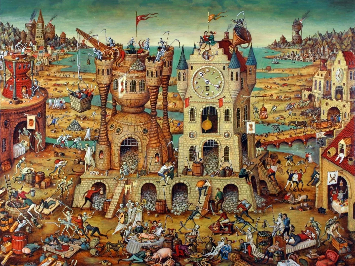 город, праздность, люди, часы, черепа
