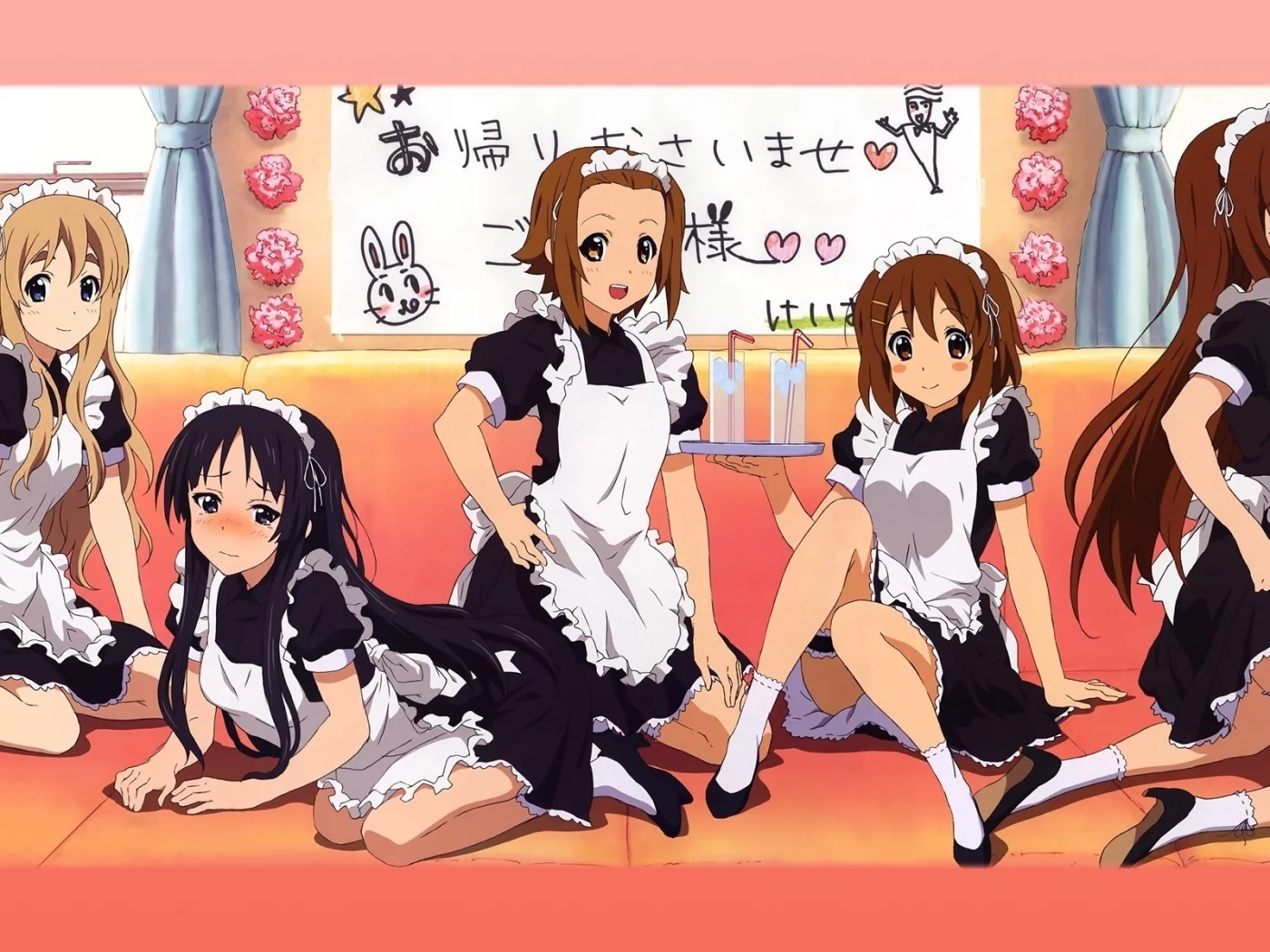 девушки, диван, k-on, горничные, напиток
