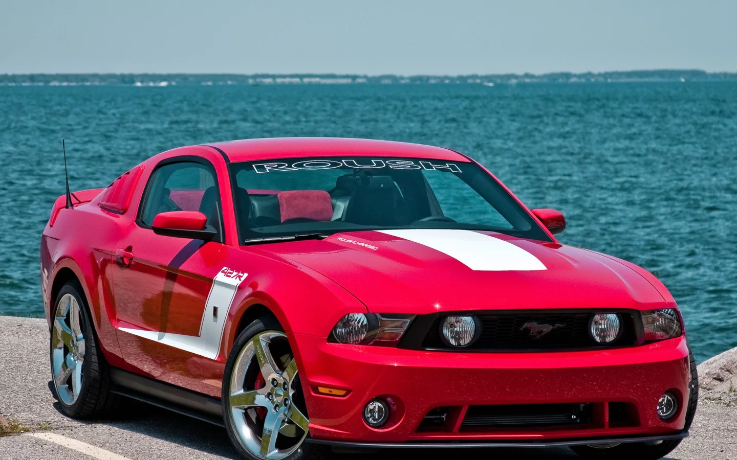 red, mustang, ford, 427r, roush, мускул кар, мустанг, muscle car, красный, море, форд