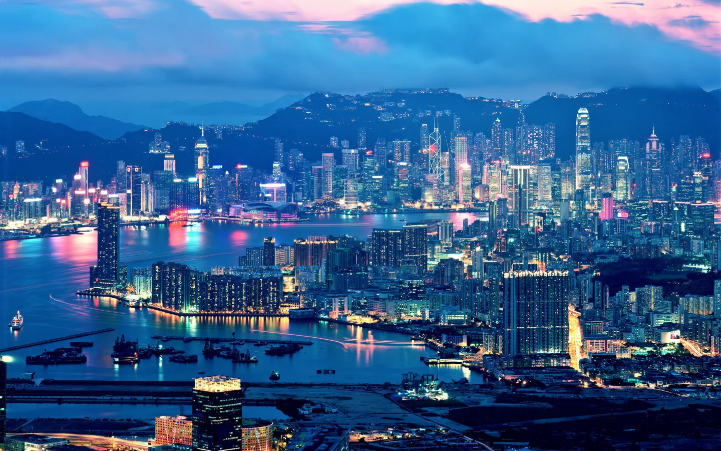 hong kong, вечер, огни