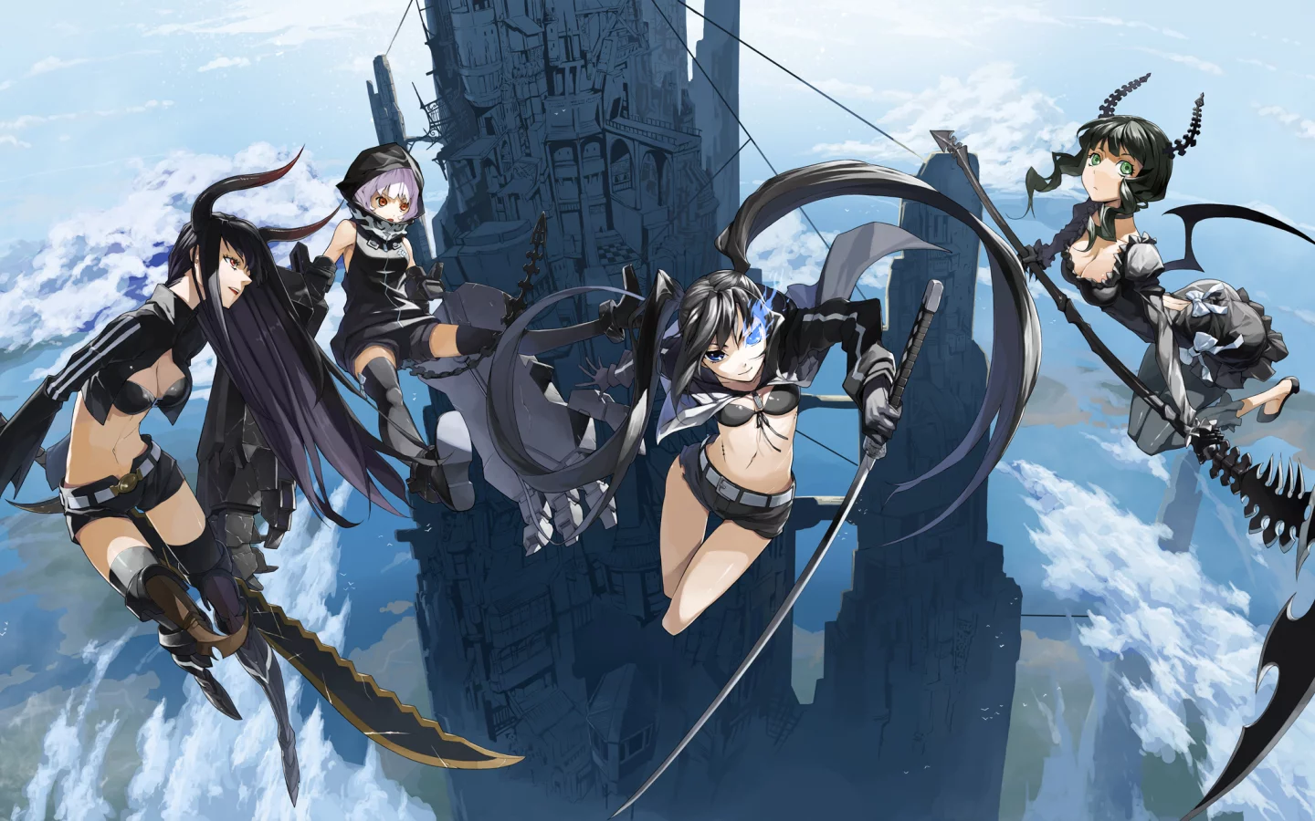 высота, девушки, меч, башня оружие, black rock shooter, kuroi mato, коса, takanashi yomi, в небе