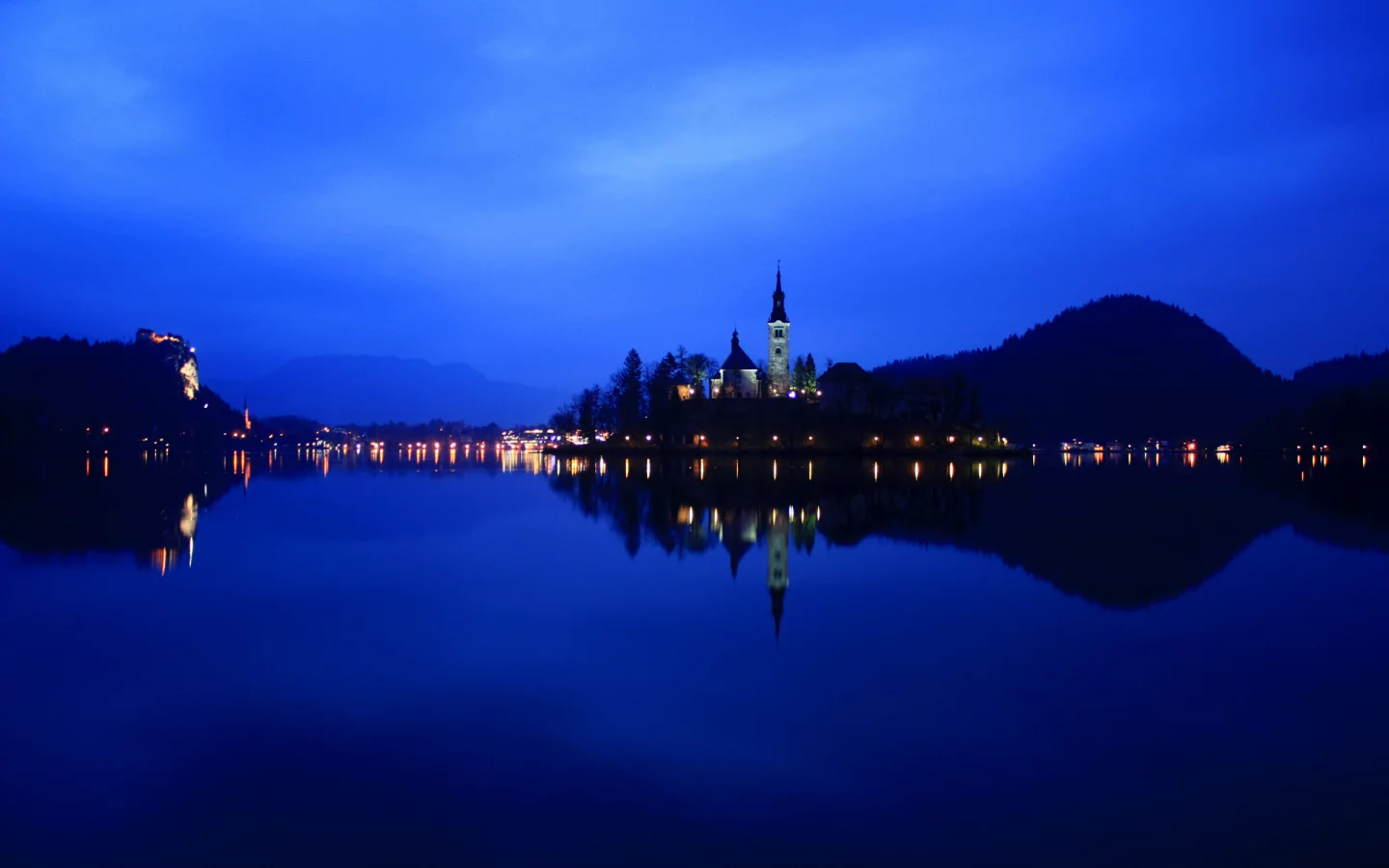 ночь, lake bled, озеро, reflection, slovenia, словения, огни