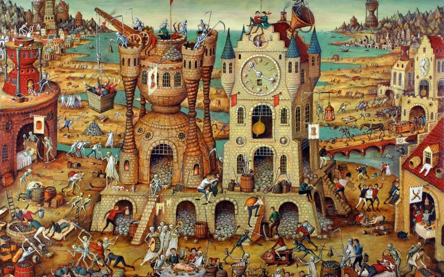 город, праздность, люди, часы, черепа