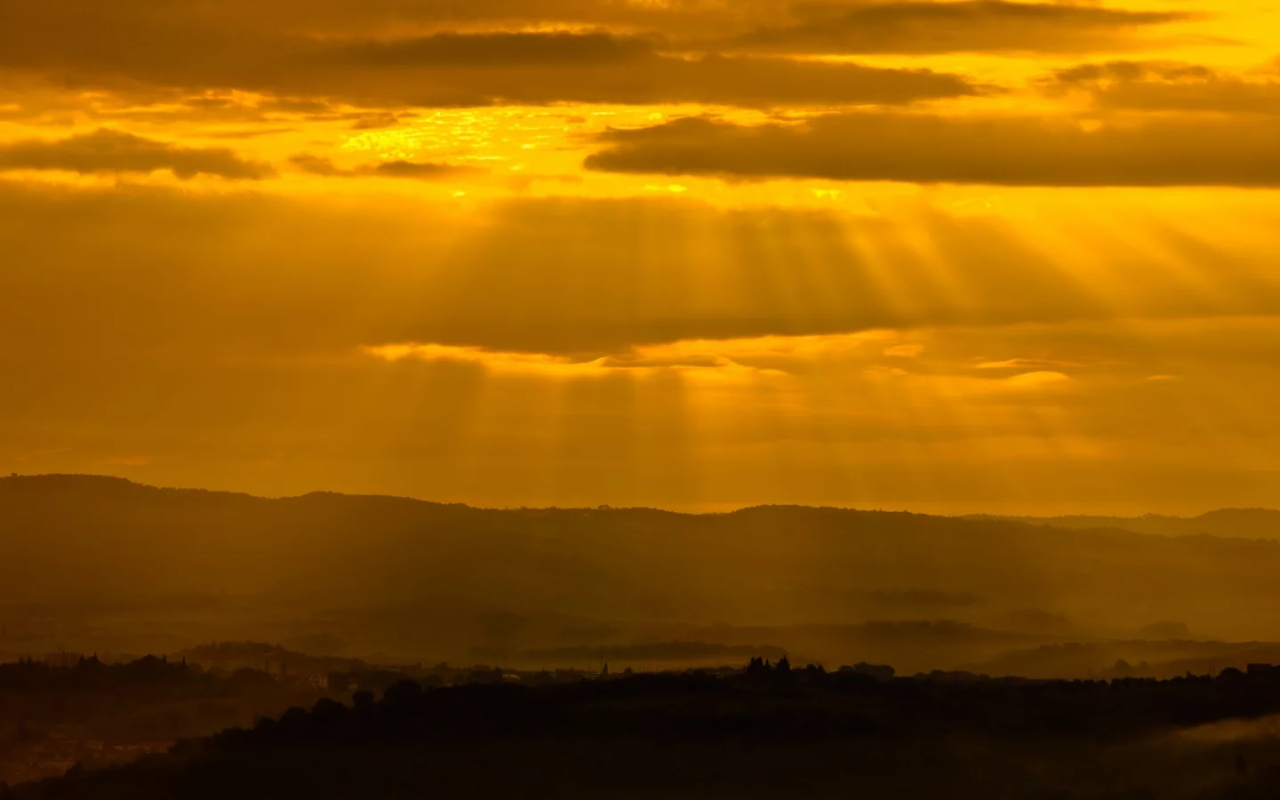 лучи, холмы, закат, свет, tuscan glow, солнце