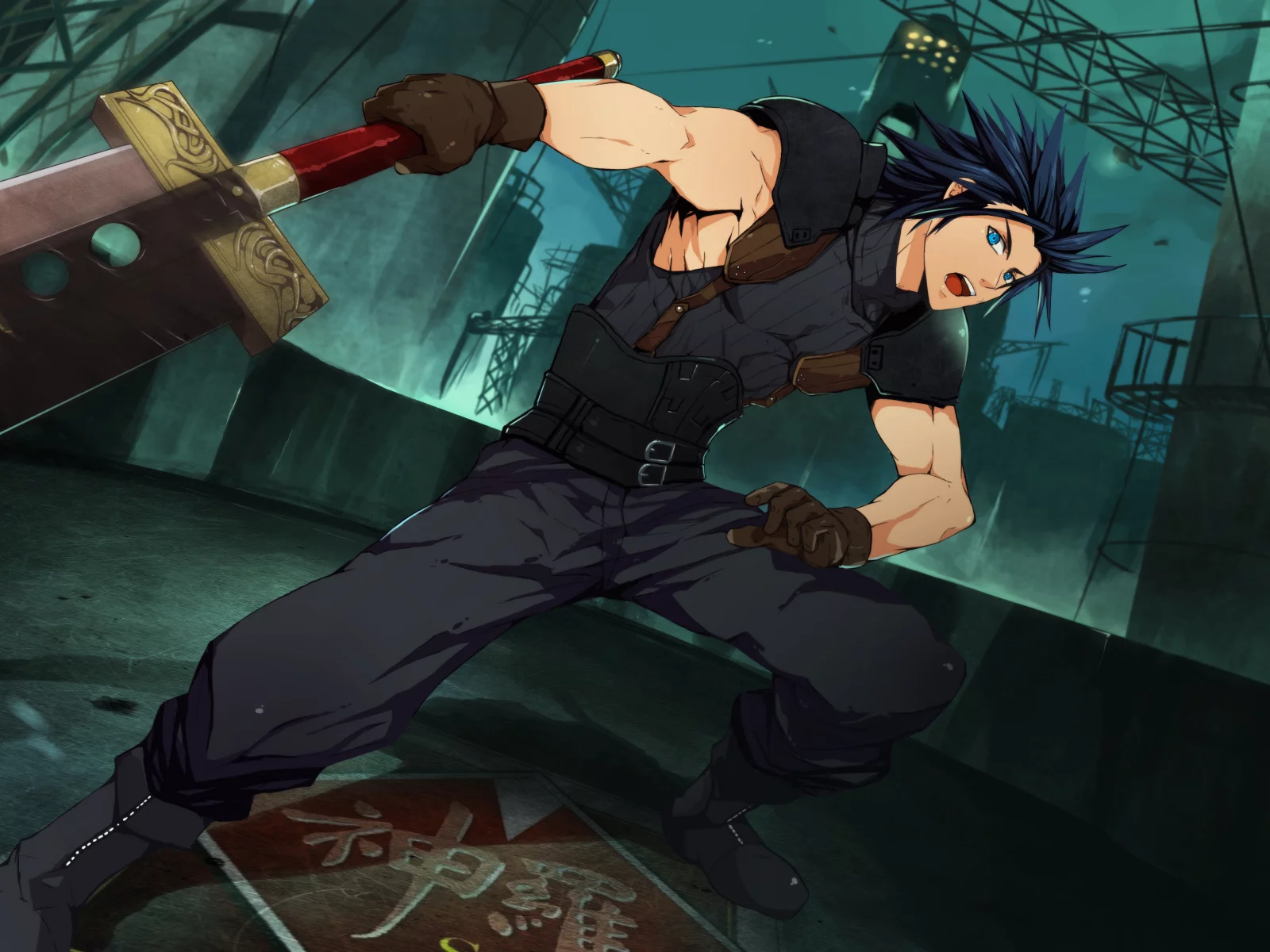 zack, здания, город, vii, final fantasy, меч, иероглифы, fair, парень, оружие, 7