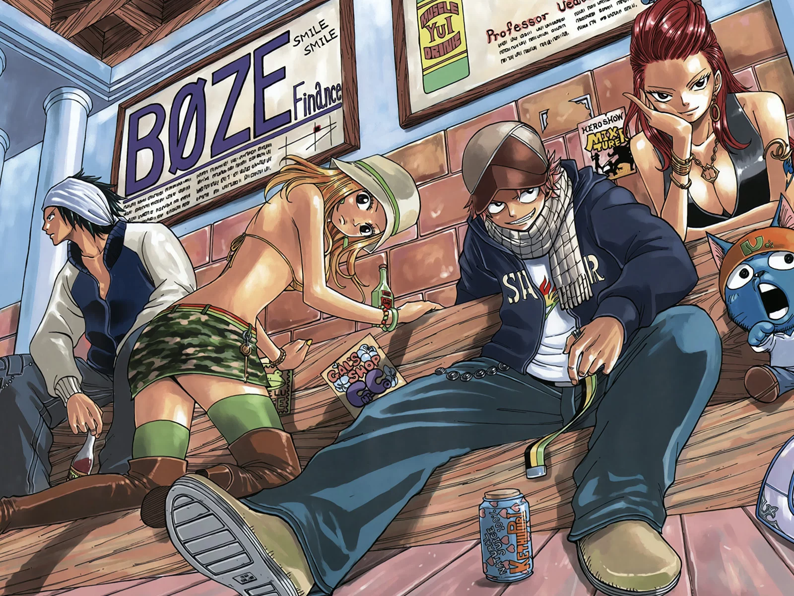 fairy tail, happy, сидят, эрза, грэй, нацу, люси