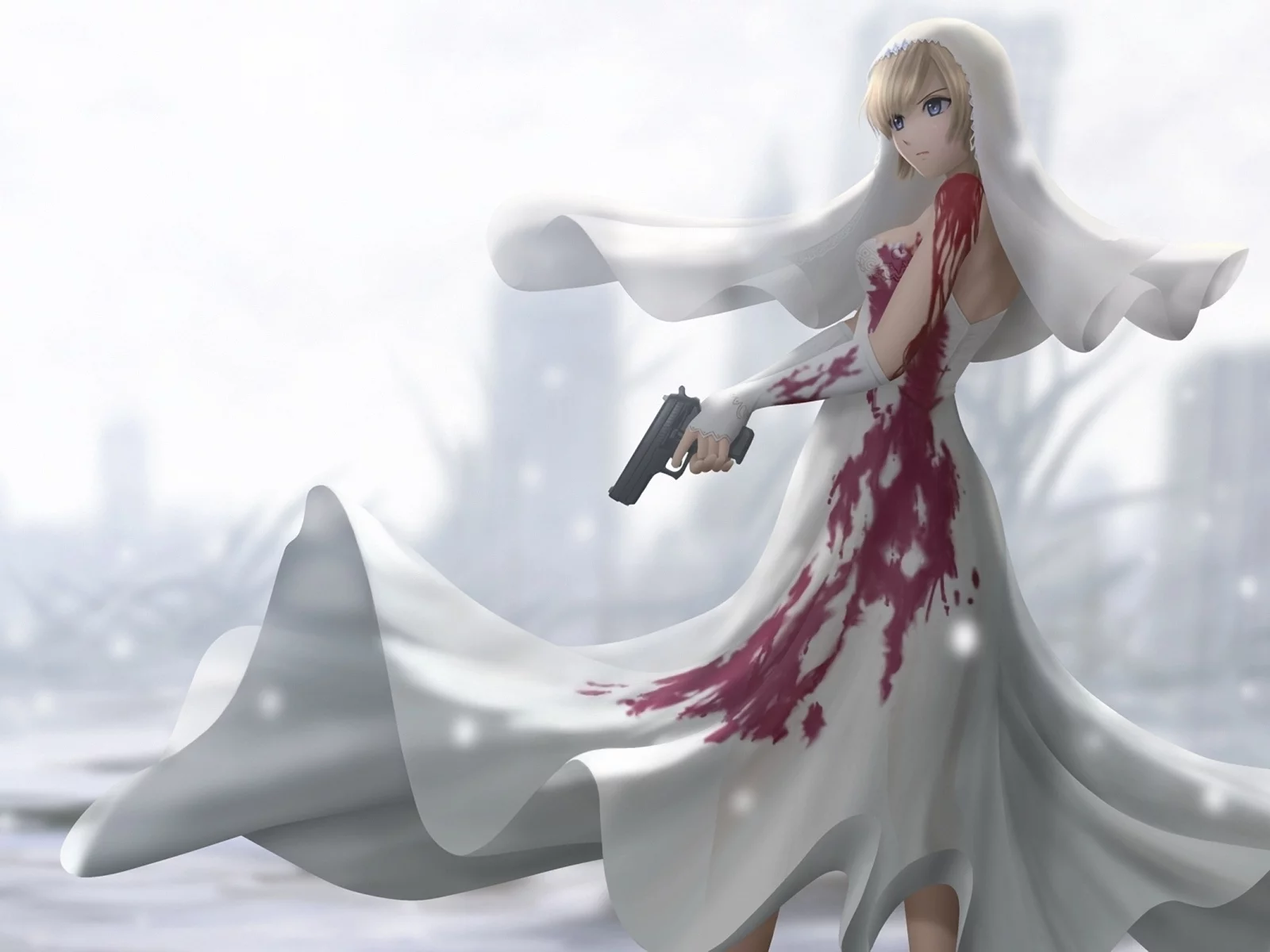 parasite eve, the 3rd birthday, пистолет, платье, свадебное, кровь, девушка, снег, aya brea