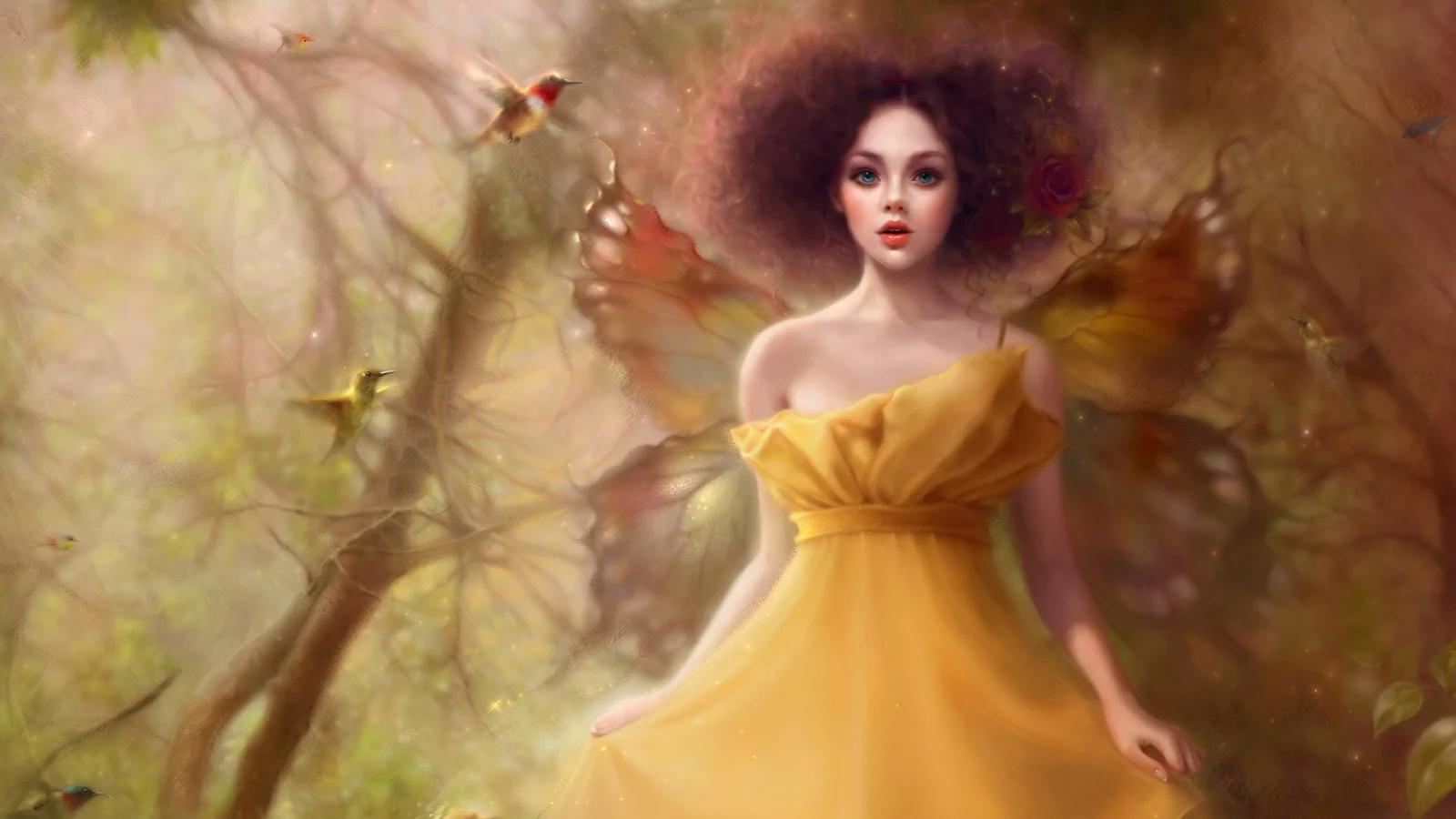 девушка, птицы, крылья, magic forest, fantasy