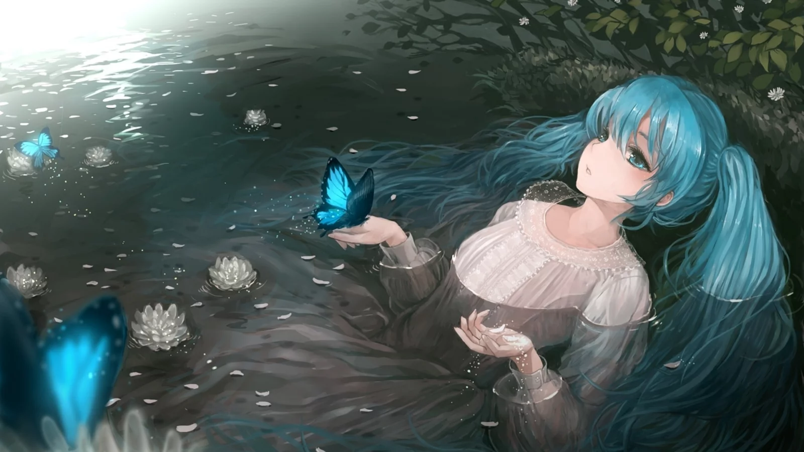 цветы, vocaloid, вода, hatsune miku, девушка, бабочки, платье, озеро