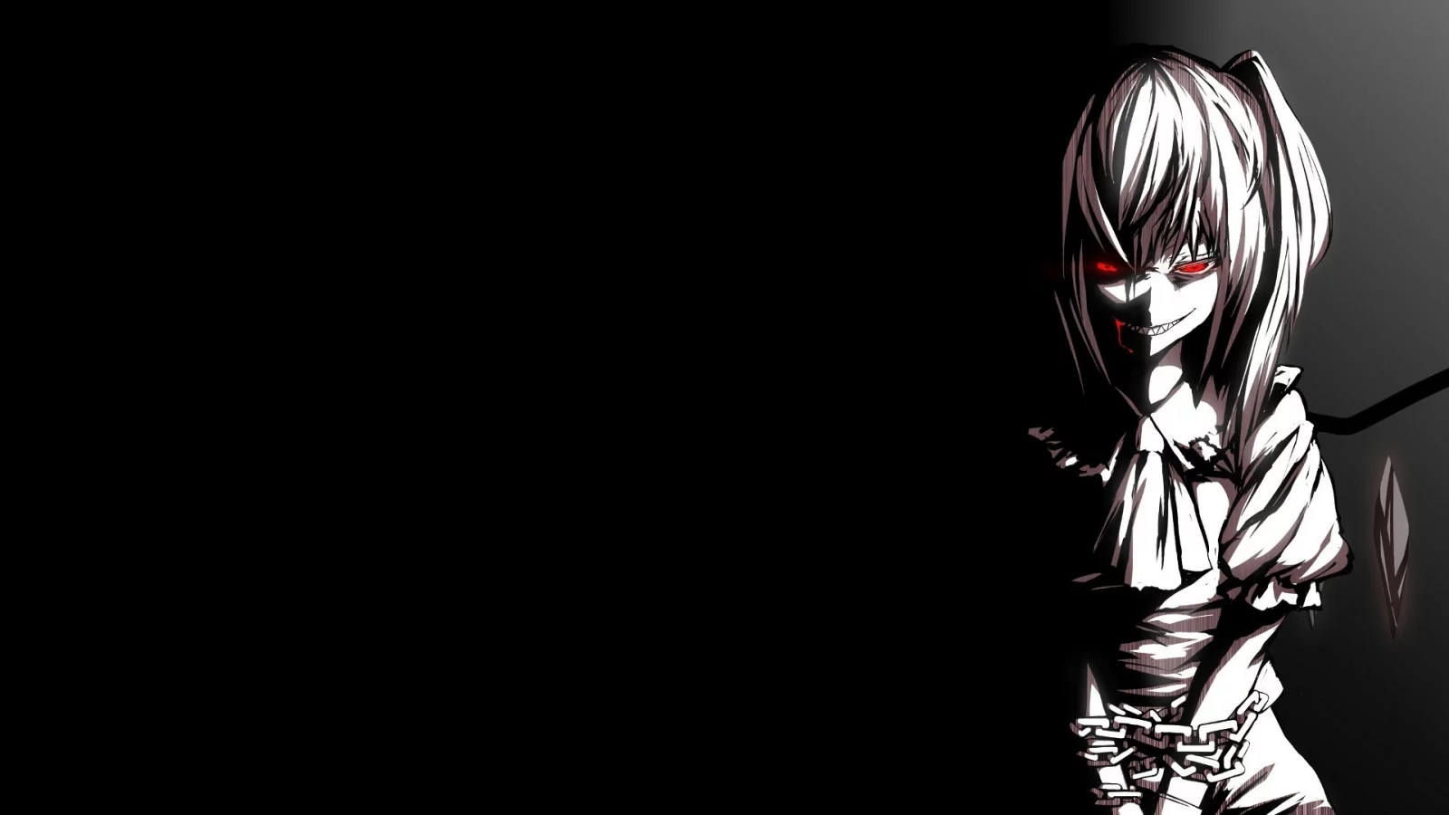 девушка, flandre scarlet, улыбка, touhou, solo, кровь, чёрный фон, цепь