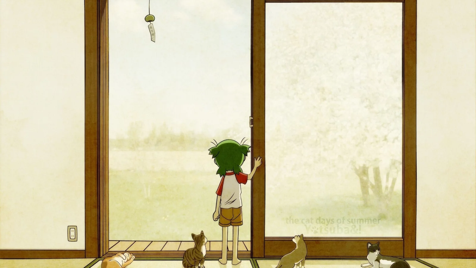 the cat days of summer, ребенок, кошки, yotsubato, дверь, девочка